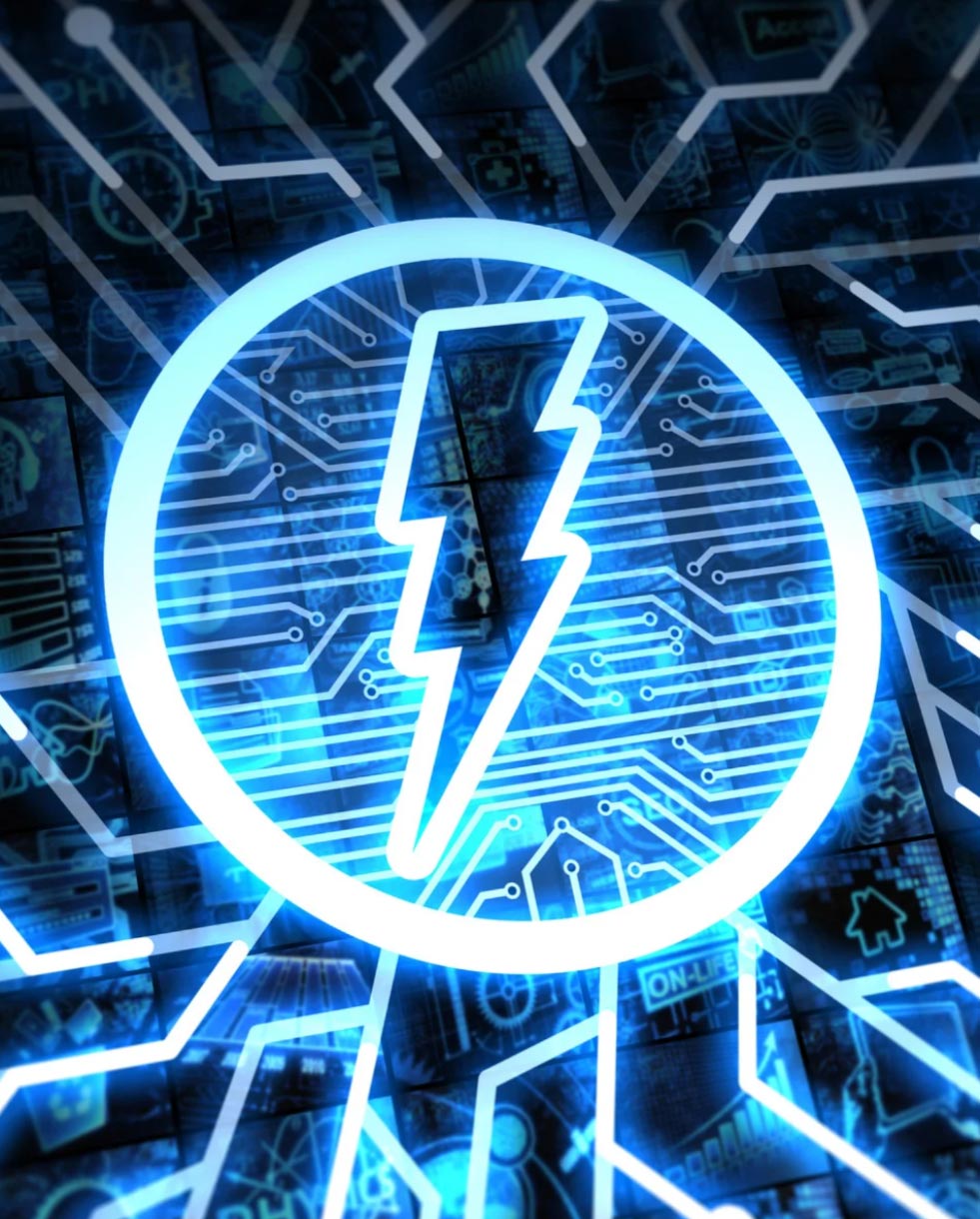 Glowing lightning bolt symbol inside a circle over a blue digital circuit board background.