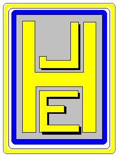 Yellow letters "JHE" stacked vertically on a gray background with blue, yellow, and white borders.